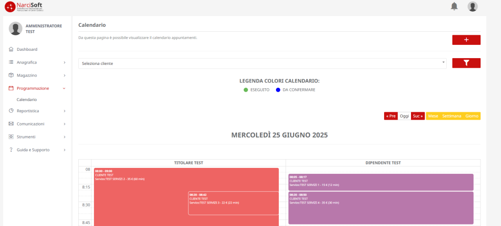 Calendario integrato del gestionale NarciSoft con appuntamenti visibili in tempo reale