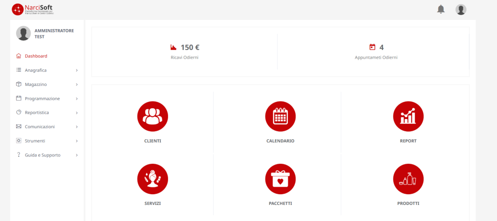 Panoramica della dashboard di NarciSoft con riepilogo prenotazioni, clienti, avvisi e dati economici