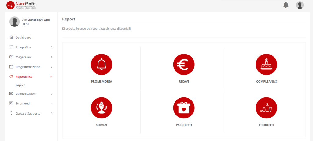 Schermata della lista report di NarciSoft con icone rosse intuitive