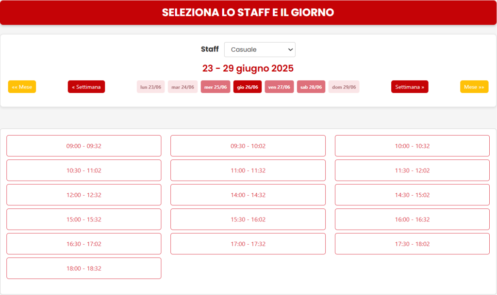 Calendario prenotazioni di NarciSoft lato cliente, con slot orari disponibili e pulsanti di conferma appuntamento
